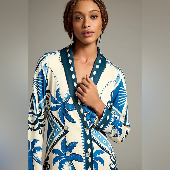 Farm Rio Anthropologie Long-Sleeve Blazer Mini Dress in Ivory/Blue Size SP - Picture 3 of 15